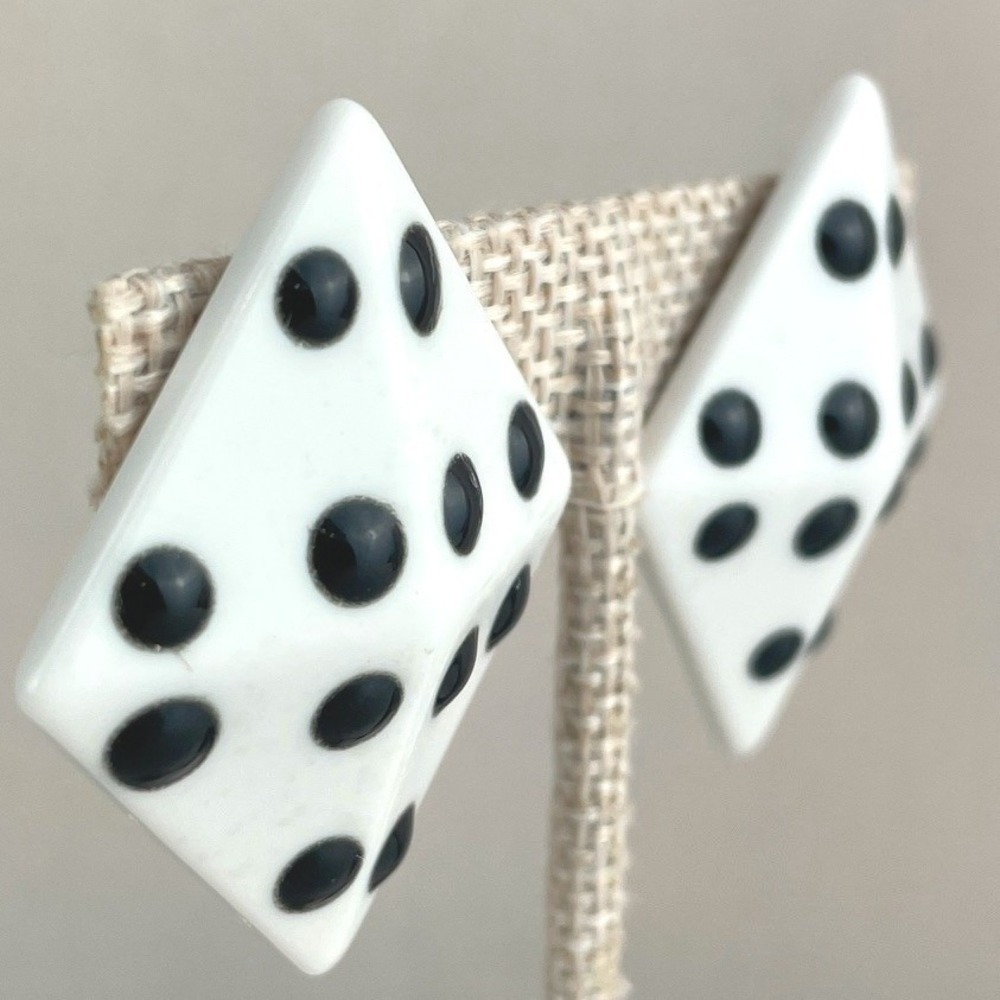 Vintage Clip-On‎ 80s White Polka Dot Acrylic Diamond Earrings Mod Geometric